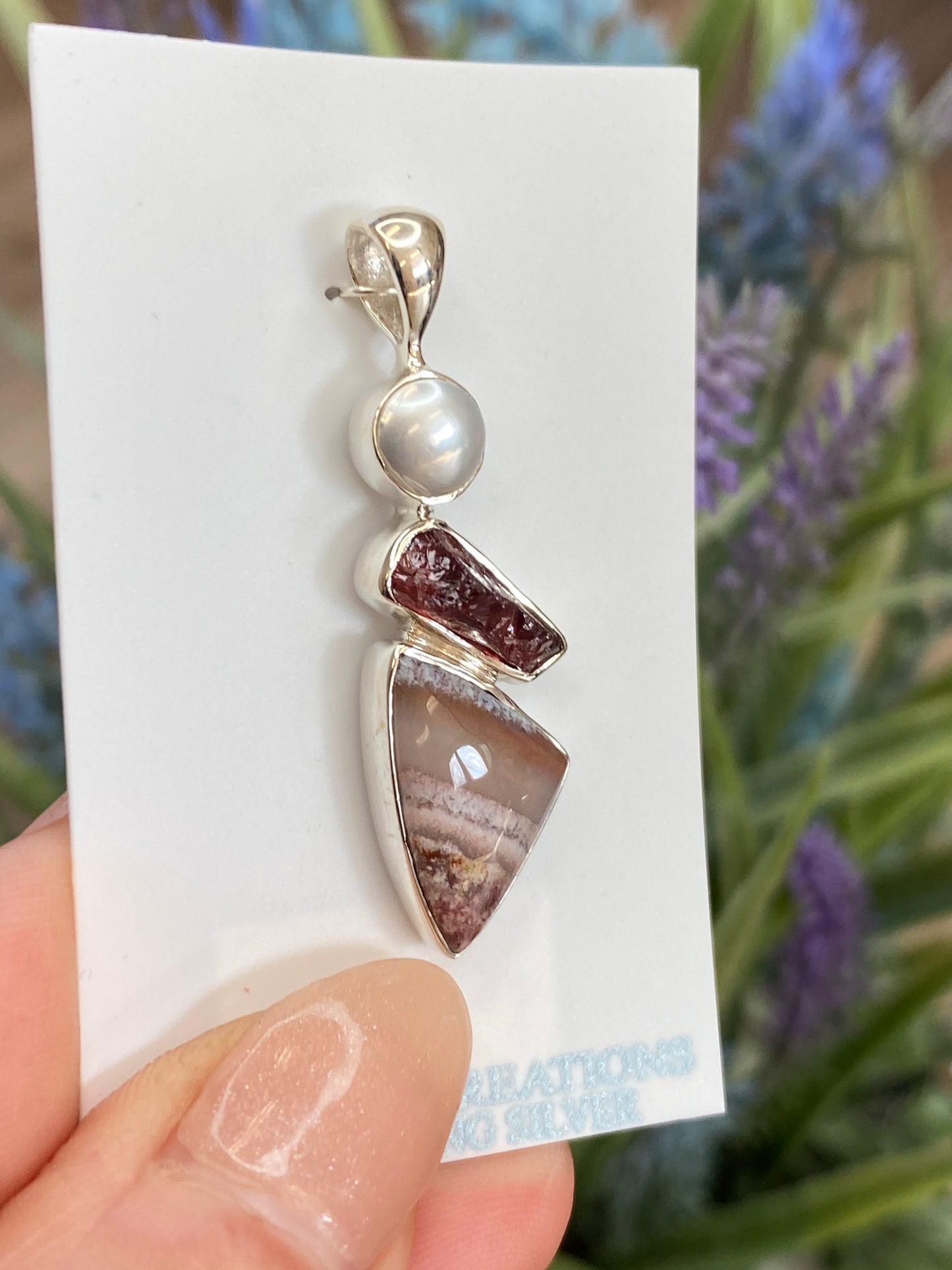 Garnet, Pearl, Crazy Lace Agate Pendant, .925 Sterling