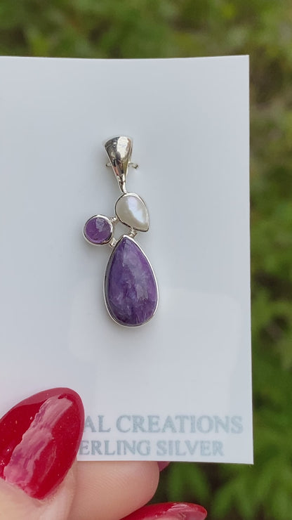 Charoite, Pearl, Amethyst Pendant, .925 Sterling Silver