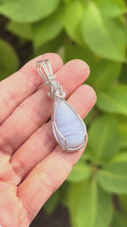 Blue Lace Agate Wire Wrapped Pendant, Made in Store
