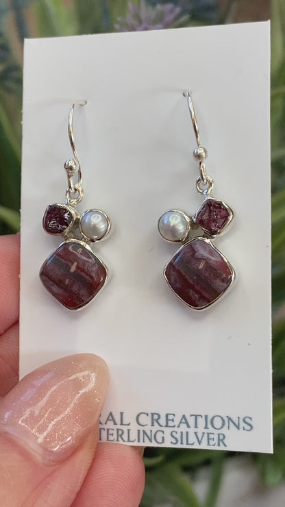 Garnet, Pearl, Crazy Lace Agate Earrings, .925 Sterling