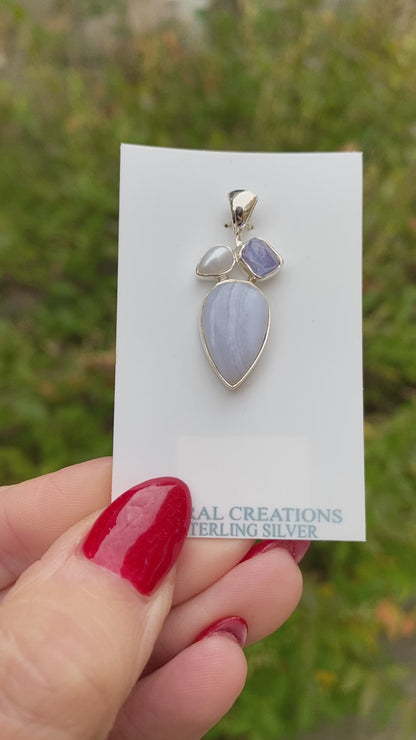 Blue Lace Agate, Tanzanite, Pearl Pendant .925 Sterling Silver