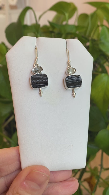 Herkimer Diamond & Black Tourmaline Earrings, Sterling Silver