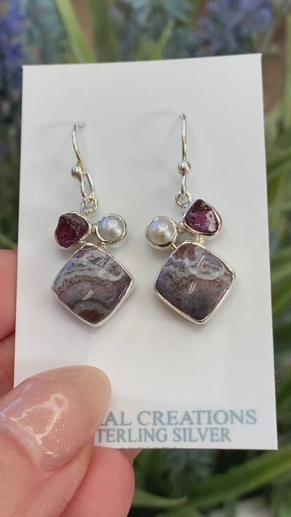 Garnet, Pearl, Crazy Lace Agate Earrings, .925 Sterling