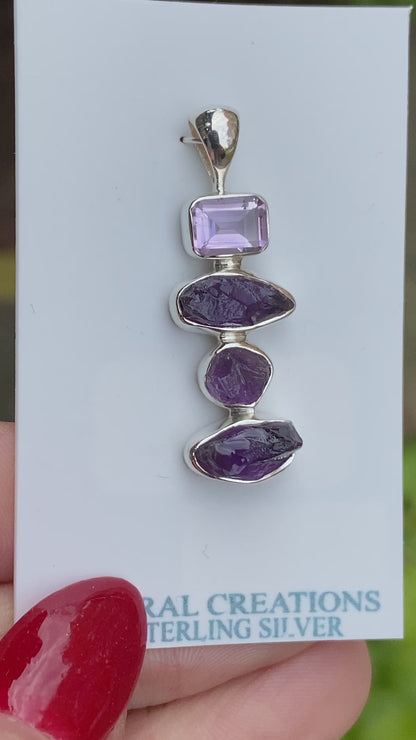 Rough and Faceted Amethyst Pendant, .925 Sterling Silver