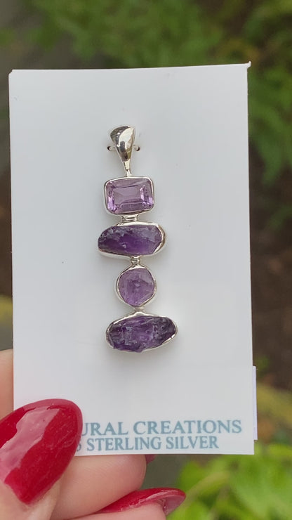 Rough and Faceted Amethyst Pendant, .925 Sterling Silver