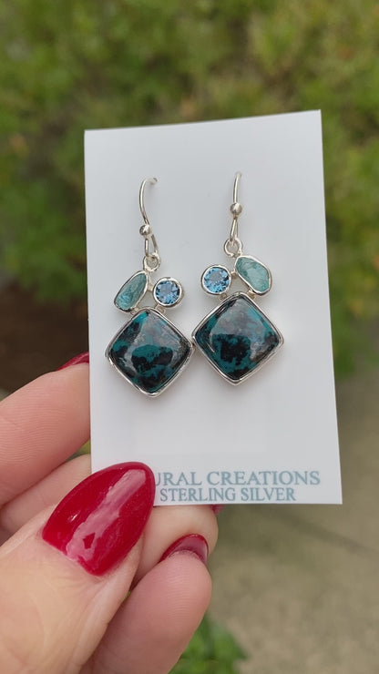 Chrysocolla, Topaz, Apatite Earrings, .925 Sterling Silver