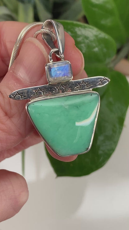 Kingman Turquoise Pendant with Rainbow Moonstone, Includes Chain