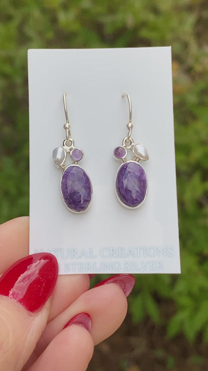 Charoite, Pearl, Amethyst Earrings, .925 Sterling Silver