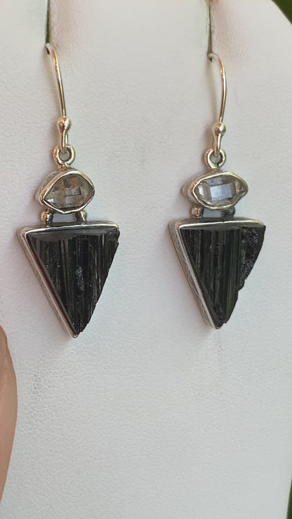 Herkimer Diamond & Black Tourmaline Earrings, Sterling Silver