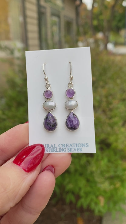 Charoite, Pearl, Amethyst Earrings, .925 Sterling Silver