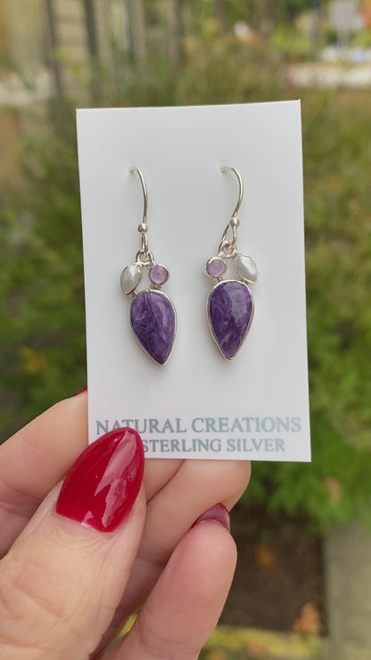 Charoite, Pearl, Amethyst Earrings, .925 Sterling Silver