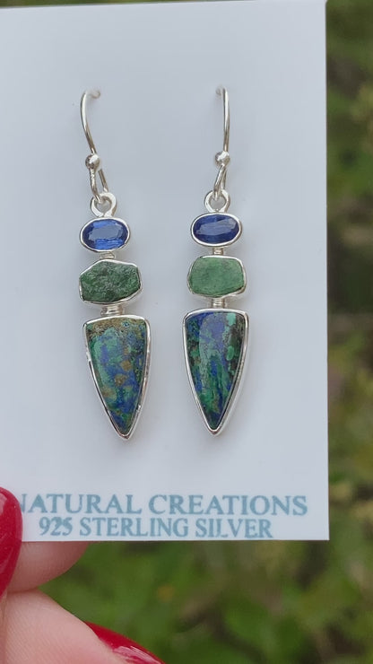 Azurite, Emerald, Kyanite Earrings .925 Sterling Silver