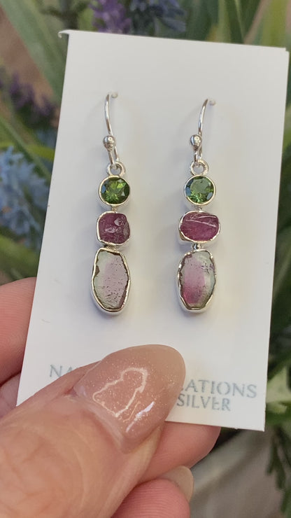 Watermelon Tourmaline Earrings, .925 Sterling