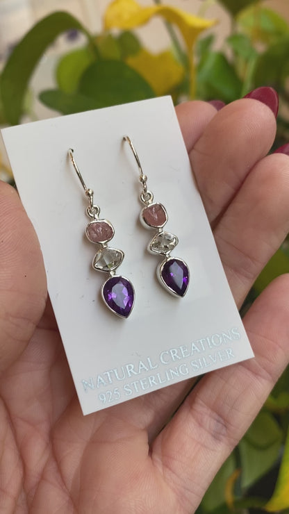 Rose Quartz, Herkimer Diamond, Amethyst Earrings, .925 Sterling Silver