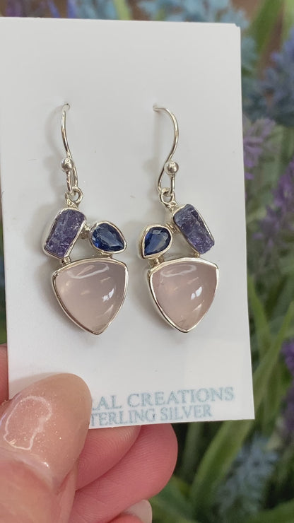 Rose Quartz, Kyanite, Tanzanite Earrings, .925 Sterling