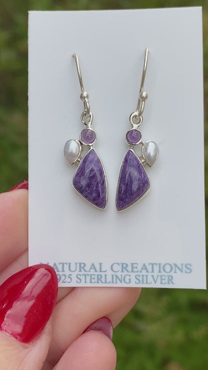 Charoite, Pearl, Amethyst Earrings, .925 Sterling Silver