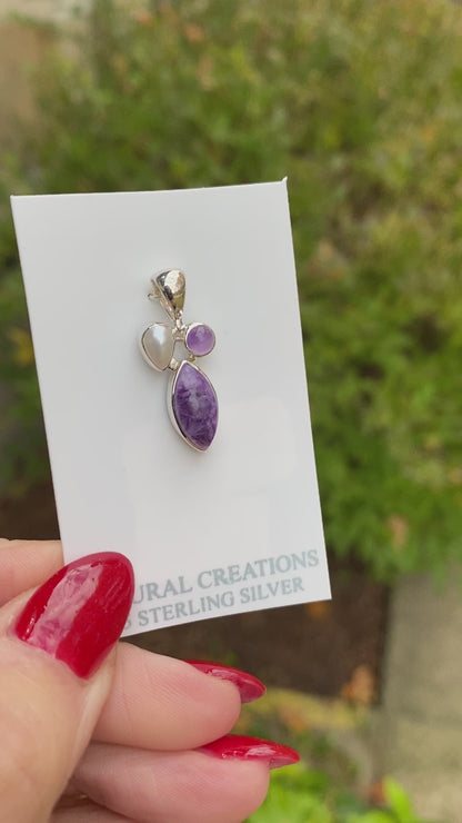 Charoite, Pearl, Amethyst Pendant, .925 Sterling Silver