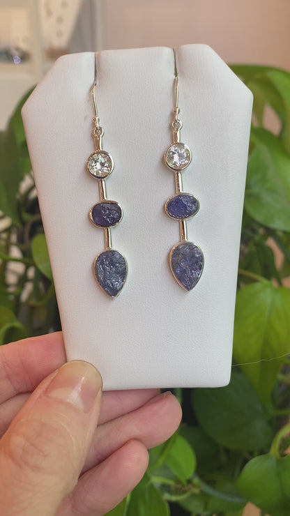 White Topaz & Raw Tanzanite Earrings, Sterling Silver