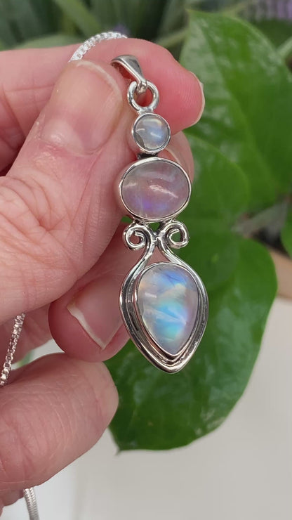Triple Rainbow Moonstone Pendant Necklace