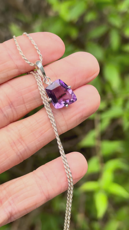Amethyst Gem Pendant, Sterling Silver, Natural, Freeform Faceted Amethyst Gem