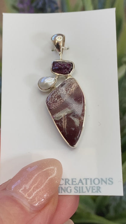 Garnet, Pearl, Crazy Lace Agate Pendant, .925 Sterling