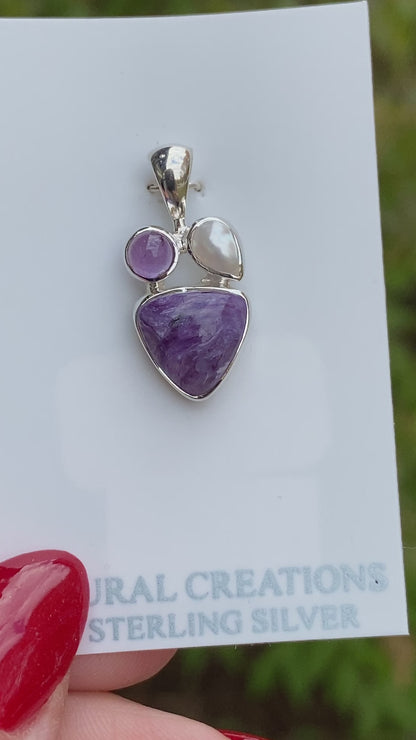 Charoite, Pearl, Amethyst Pendant, .925 Sterling Silver