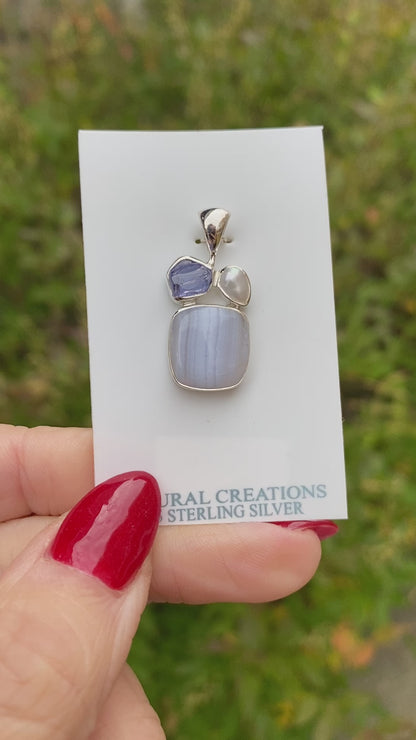 Blue Lace Agate, Tanzanite, Pearl Pendant .925 Sterling Silver