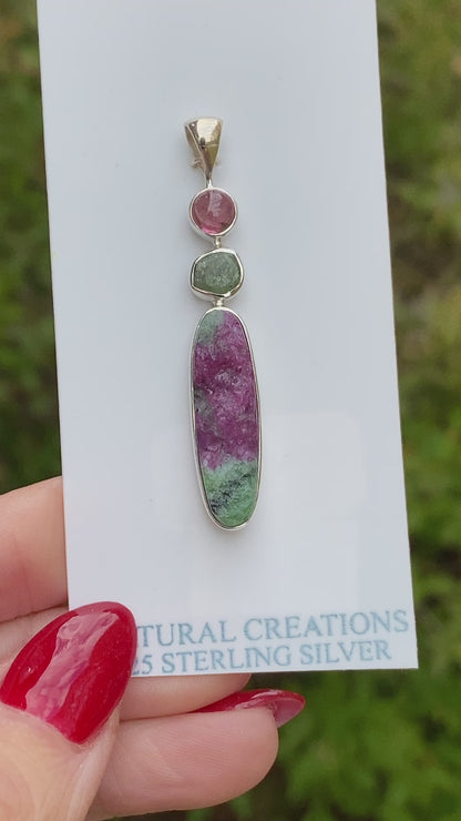 Emerald, Pink Tourmaline, Ruby Fuchsite Pendant, .925 Sterling Silver