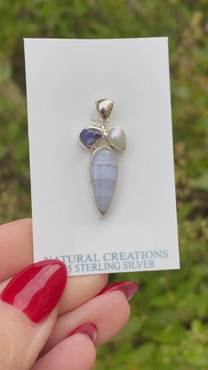 Blue Lace Agate, Tanzanite, Pearl Pendant .925 Sterling Silver