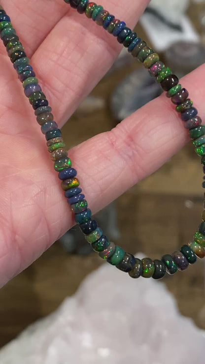 High Fire Black Opal Necklace, Slim, Stayish Mine