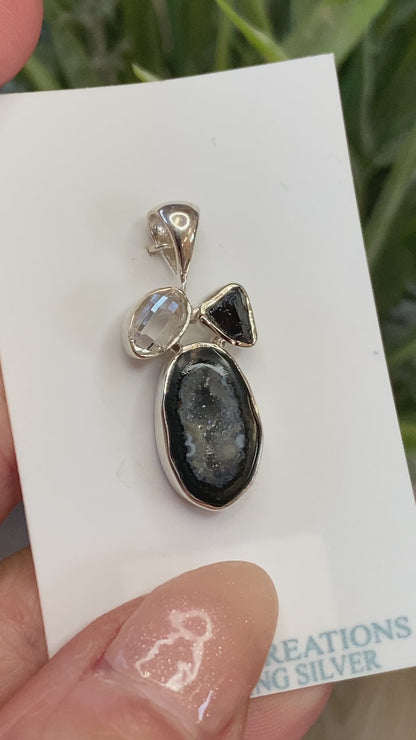 Geode, Herkimer Diamond, Tourmaline Pendant, .925 Sterling