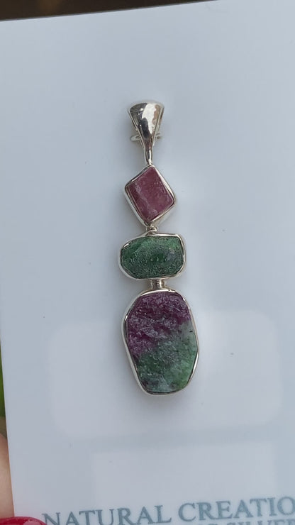 Emerald, Pink Tourmaline, Ruby Fuchsite Pendant, .925 Sterling Silver