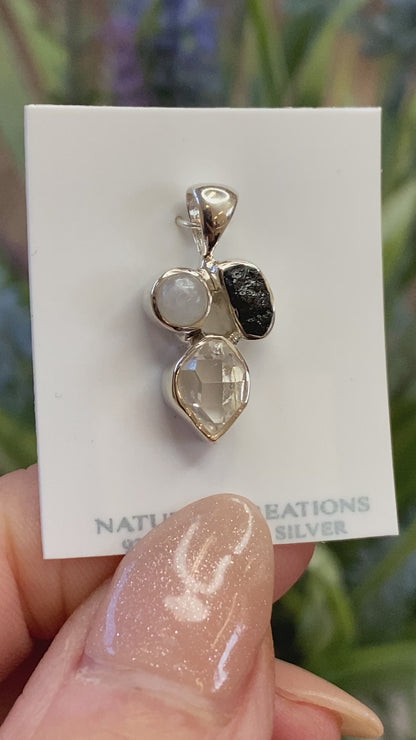 Herkimer Diamond, Tourmaline, Moonstone Pendant, .925 Sterling