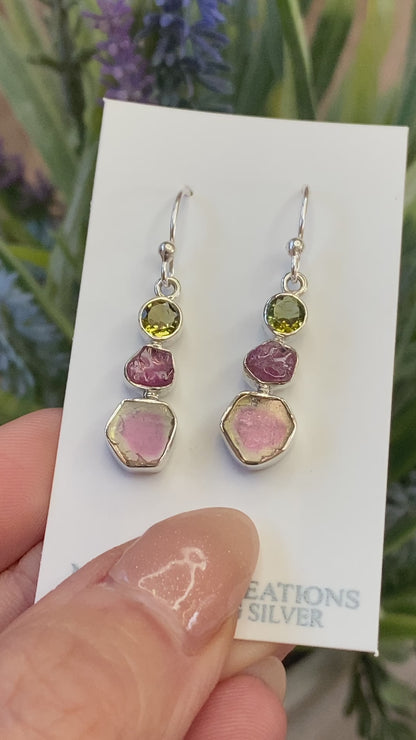 Watermelon Tourmaline Earrings, .925 Sterling