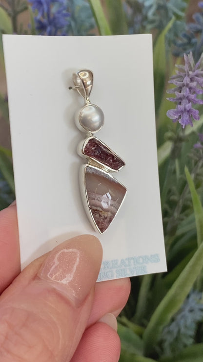 Garnet, Pearl, Crazy Lace Agate Pendant, .925 Sterling