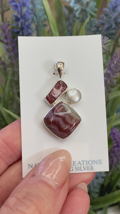 Garnet, Pearl, Crazy Lace Agate Pendant, .925 Sterling