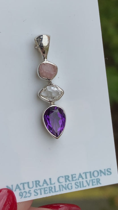 Rose Quartz, Herkimer Diamond, Amethyst Pendant, .925 Sterling Silver