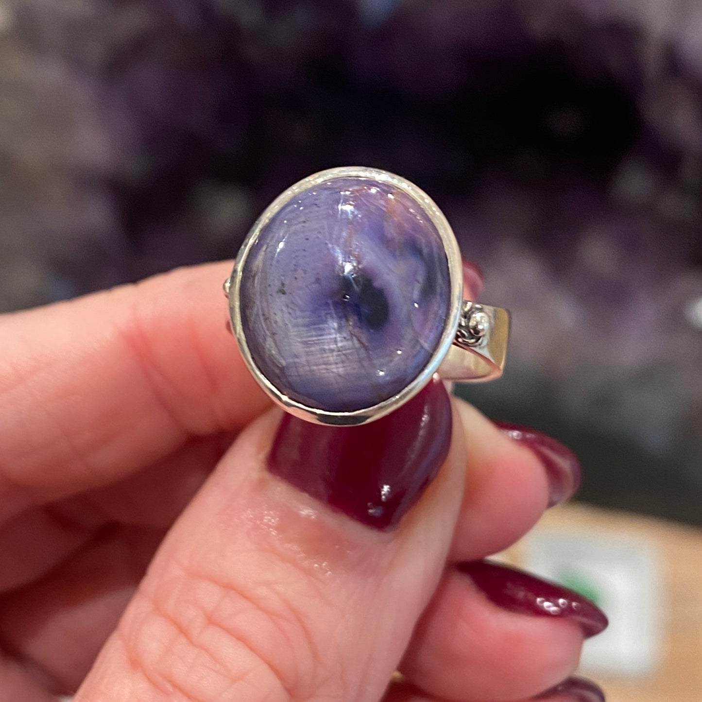 Unique Star Sapphire Ring, Size 7.25, Sterling Silver