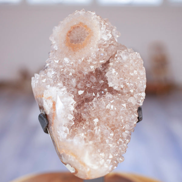 Blush Pink Quartz Stalactite Cluster on Stand from Uruguay